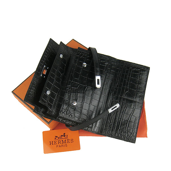 High Quality Hermes Kelly Crocodile Veins Long Clutch Bag Black H009 Replica